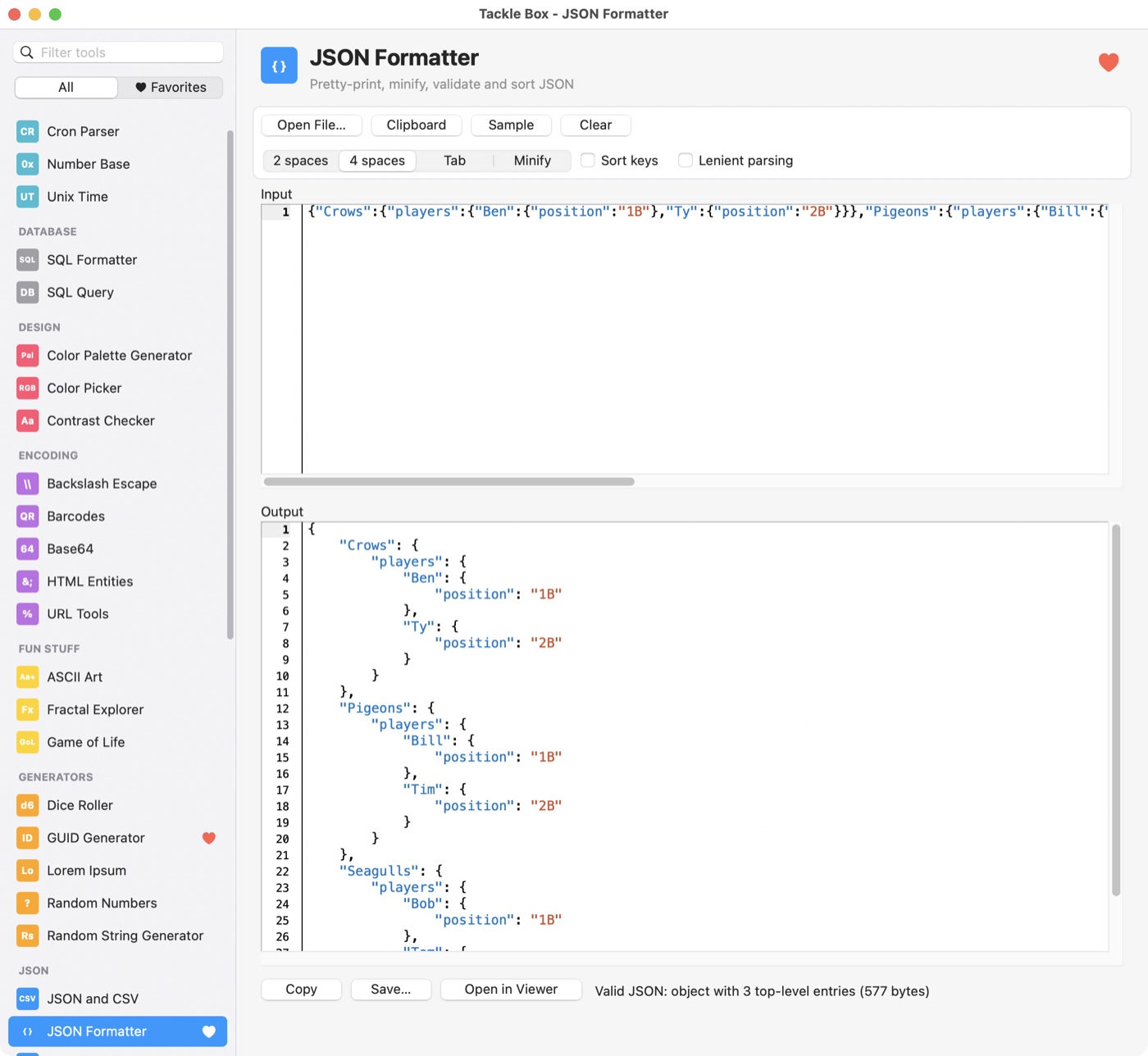 Tackle Box showing the JSON Formatter